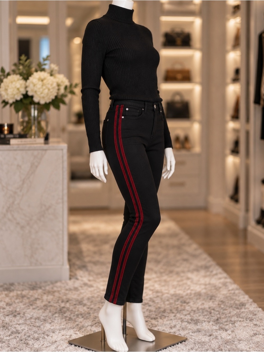 7 For All Mankind Black Skinny Jeans Red Velvet Stripe Size 28